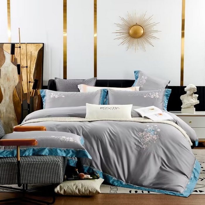 91家纺网 家纺一手货源 找家纺 U品汇 2023新品120支60S长绒棉宽边刺绣花贡缎纯棉全棉四件套 爱的城堡-时尚灰