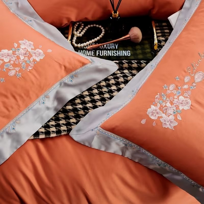 91家纺网 家纺一手货源 找家纺 120支60S长绒棉宽边刺绣花贡缎纯棉全棉四件套 爱的城堡-靓桔