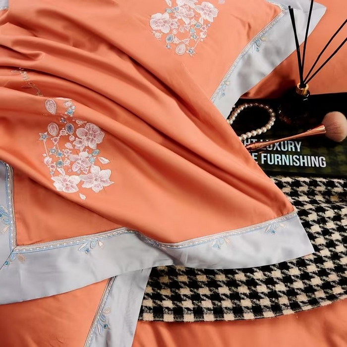 91家纺网 家纺一手货源 找家纺 120支60S长绒棉宽边刺绣花贡缎纯棉全棉四件套 爱的城堡-靓桔