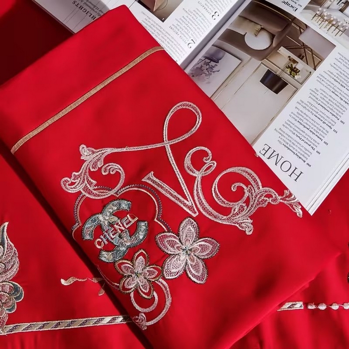 91家纺网 家纺一手货源 找家纺 U品汇 2023新品120支60S长绒棉宽边刺绣花贡缎纯棉全棉四件套 暗香-大红