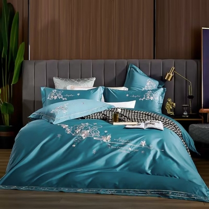 U品汇 2023新品120支60S长绒棉宽边刺绣花贡缎纯棉全棉四件套 暗香-宝石兰