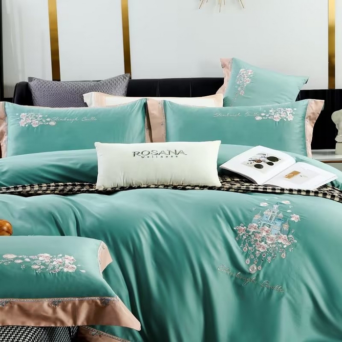 91家纺网 家纺一手货源 找家纺 U品汇 2023新品120支60S长绒棉宽边刺绣花贡缎纯棉全棉四件套 爱的城堡-松石绿