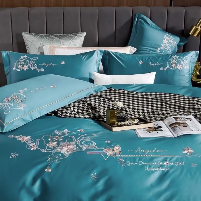 91家纺网 家纺一手货源 找家纺 U品汇 2023新品120支60S长绒棉宽边刺绣花贡缎纯棉全棉四件套 暗香-宝石兰