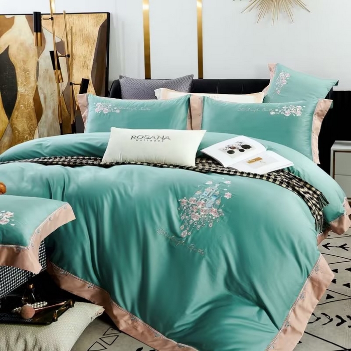 91家纺网 家纺一手货源 找家纺 U品汇 2023新品120支60S长绒棉宽边刺绣花贡缎纯棉全棉四件套 爱的城堡-松石绿