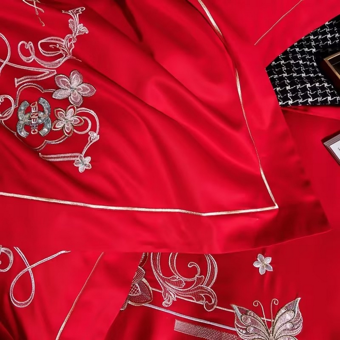 91家纺网 家纺一手货源 找家纺 U品汇 2023新品120支60S长绒棉宽边刺绣花贡缎纯棉全棉四件套 暗香-大红