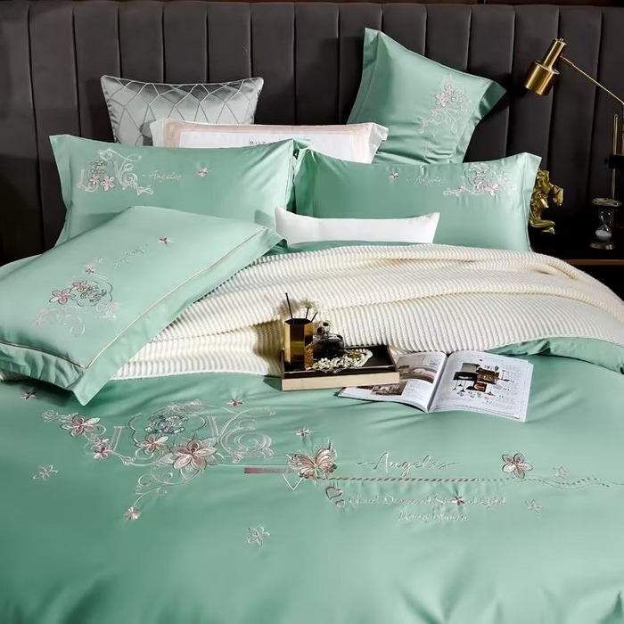 91家纺网 家纺一手货源 找家纺 U品汇 2023新品120支60S长绒棉宽边刺绣花贡缎纯棉全棉四件套 暗香-浅石兰