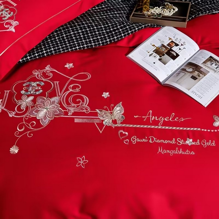 91家纺网 家纺一手货源 找家纺 U品汇 2023新品120支60S长绒棉宽边刺绣花贡缎纯棉全棉四件套 暗香-大红