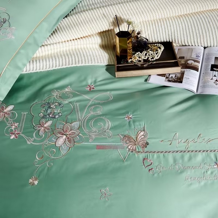 91家纺网 家纺一手货源 找家纺 U品汇 2023新品120支60S长绒棉宽边刺绣花贡缎纯棉全棉四件套 暗香-浅石兰