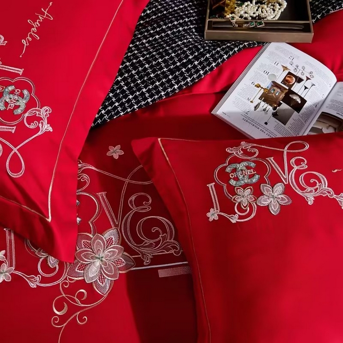 91家纺网 家纺一手货源 找家纺 U品汇 2023新品120支60S长绒棉宽边刺绣花贡缎纯棉全棉四件套 暗香-大红