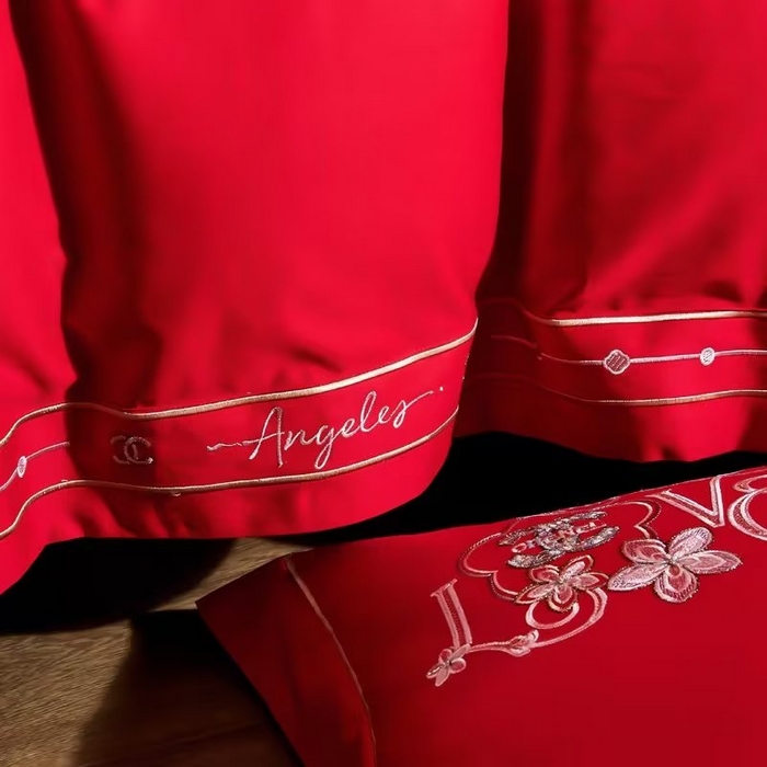 91家纺网 家纺一手货源 找家纺 U品汇 2023新品120支60S长绒棉宽边刺绣花贡缎纯棉全棉四件套 暗香-大红