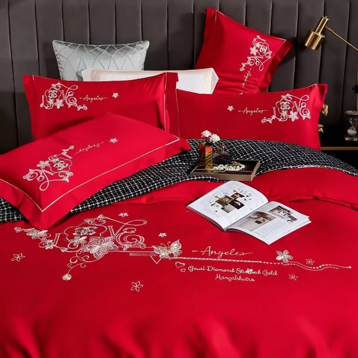 91家纺网 家纺一手货源 找家纺 U品汇 2023新品120支60S长绒棉宽边刺绣花贡缎纯棉全棉四件套 暗香-大红