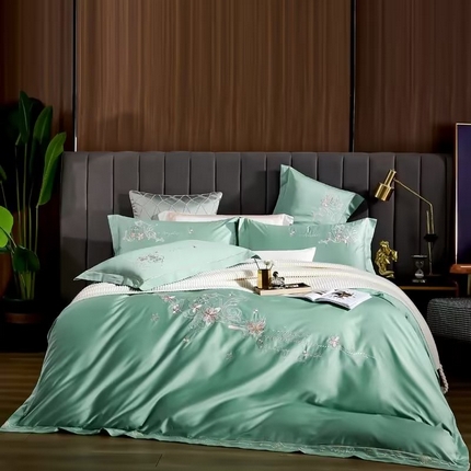 U品汇 2023新品120支60S长绒棉宽边刺绣花贡缎纯棉全棉四件套 暗香-浅石兰