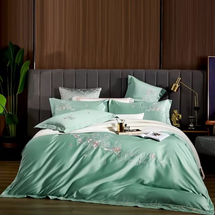 91家纺网 家纺一手货源 找家纺 U品汇 2023新品120支60S长绒棉宽边刺绣花贡缎纯棉全棉四件套 暗香-浅石兰