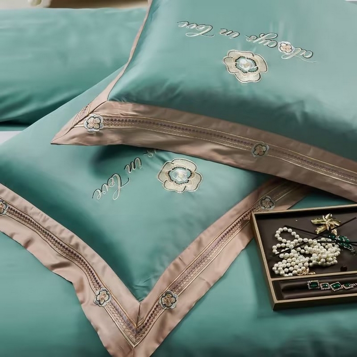 91家纺网 家纺一手货源 找家纺 U品汇 2023新品120支60S长绒棉宽边刺绣花贡缎纯棉全棉四件套 奢雅-富贵兰