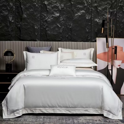 U品汇 2023新品120支60S长绒棉宽边刺绣花贡缎纯棉全棉四件套 奥丁-奶油白