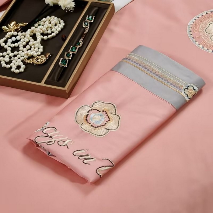 91家纺网 家纺一手货源 找家纺 U品汇 2023新品120支60S长绒棉宽边刺绣花贡缎纯棉全棉四件套 奢雅-粉豆沙