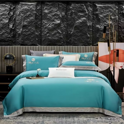 U品汇 2023新品120支60S长绒棉宽边刺绣花贡缎纯棉全棉四件套 奢雅-晴空蓝