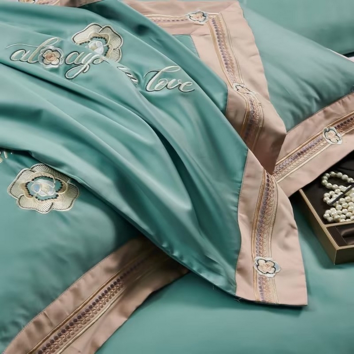 91家纺网 家纺一手货源 找家纺 U品汇 2023新品120支60S长绒棉宽边刺绣花贡缎纯棉全棉四件套 奢雅-富贵兰