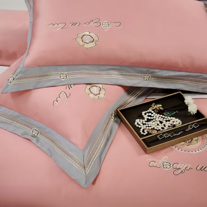 91家纺网 家纺一手货源 找家纺 U品汇 2023新品120支60S长绒棉宽边刺绣花贡缎纯棉全棉四件套 奢雅-粉豆沙