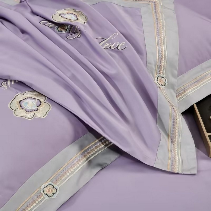 91家纺网 家纺一手货源 找家纺 U品汇 2023新品120支60S长绒棉宽边刺绣花贡缎纯棉全棉四件套 奢雅-薰衣紫