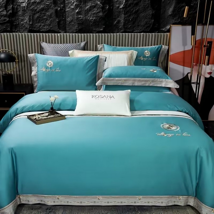 91家纺网 家纺一手货源 找家纺 U品汇 2023新品120支60S长绒棉宽边刺绣花贡缎纯棉全棉四件套 奢雅-晴空蓝