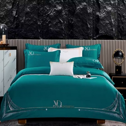 U品汇 2023新品120支60S长绒棉宽边刺绣花贡缎纯棉全棉四件套 祖马龙-宾利蓝