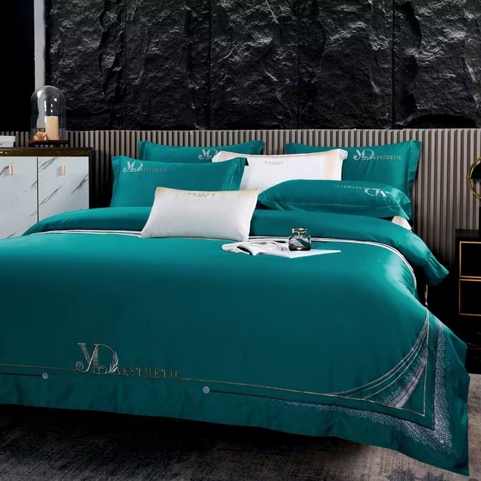 91家纺网 家纺一手货源 找家纺 U品汇 2023新品120支60S长绒棉宽边刺绣花贡缎纯棉全棉四件套 祖马龙-宾利蓝