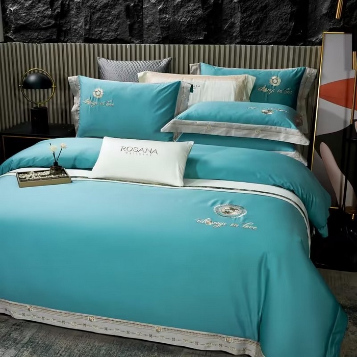 91家纺网 家纺一手货源 找家纺 U品汇 2023新品120支60S长绒棉宽边刺绣花贡缎纯棉全棉四件套 奢雅-晴空蓝