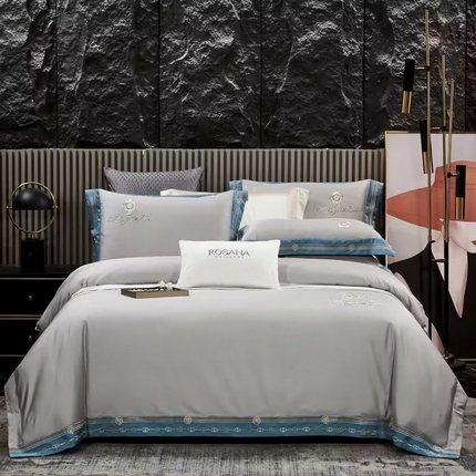 U品汇 2023新品120支60S长绒棉宽边刺绣花贡缎纯棉全棉四件套 奢雅-优雅灰