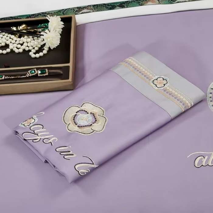 91家纺网 家纺一手货源 找家纺 U品汇 2023新品120支60S长绒棉宽边刺绣花贡缎纯棉全棉四件套 奢雅-薰衣紫