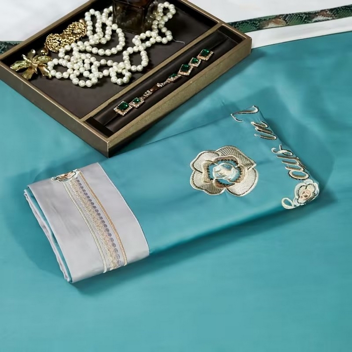 91家纺网 家纺一手货源 找家纺 U品汇 2023新品120支60S长绒棉宽边刺绣花贡缎纯棉全棉四件套 奢雅-晴空蓝