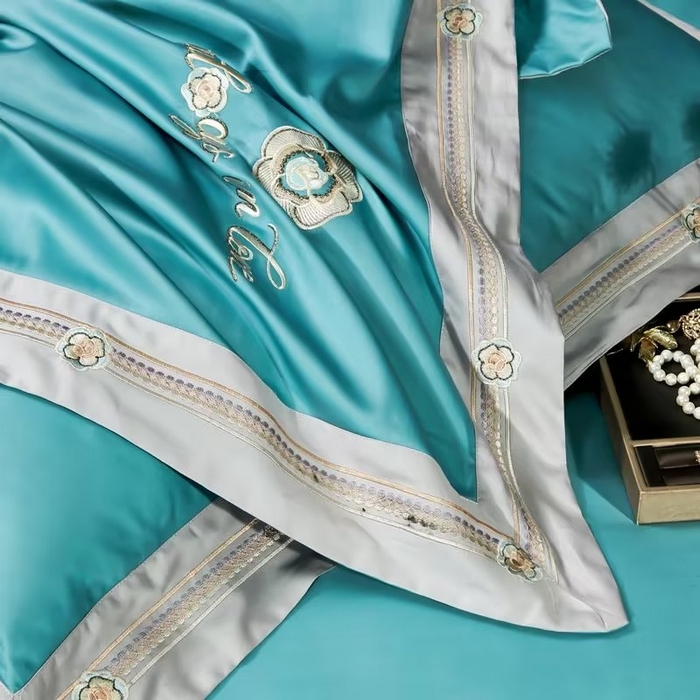 91家纺网 家纺一手货源 找家纺 U品汇 2023新品120支60S长绒棉宽边刺绣花贡缎纯棉全棉四件套 奢雅-晴空蓝