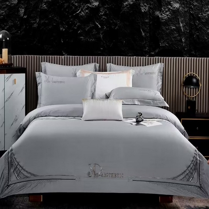 U品汇 2023新品120支60S长绒棉宽边刺绣花贡缎纯棉全棉四件套 祖马龙-时尚灰