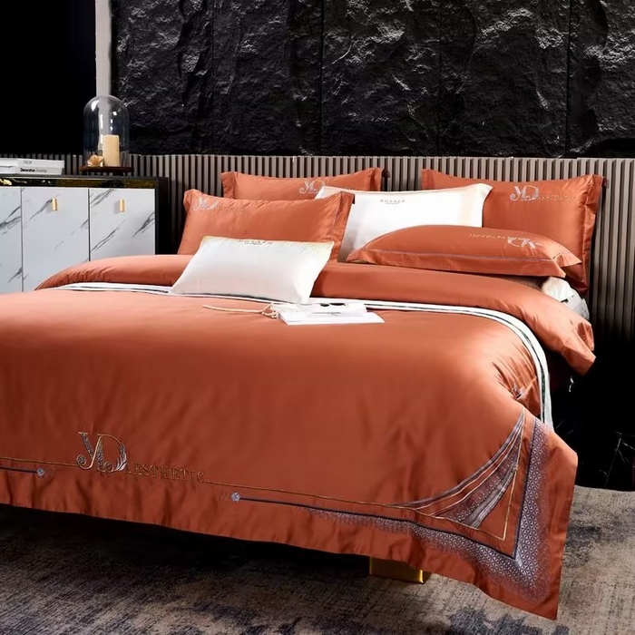 91家纺网 家纺一手货源 找家纺 U品汇 2023新品120支60S长绒棉宽边刺绣花贡缎纯棉全棉四件套 祖马龙-靓桔