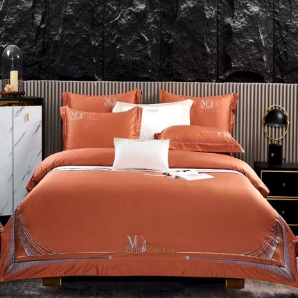 U品汇 2023新品120支60S长绒棉宽边刺绣花贡缎纯棉全棉四件套 祖马龙-靓桔