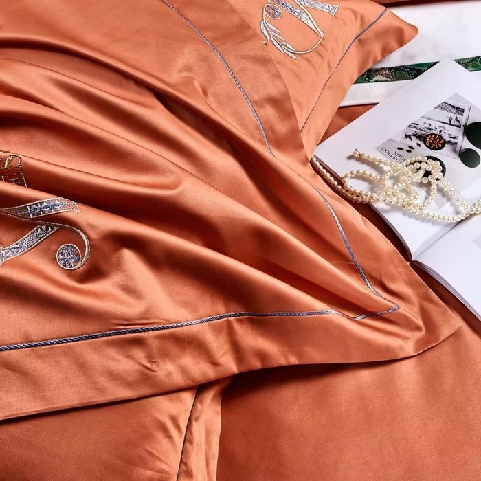 91家纺网 家纺一手货源 找家纺 U品汇 2023新品120支60S长绒棉宽边刺绣花贡缎纯棉全棉四件套 祖马龙-靓桔