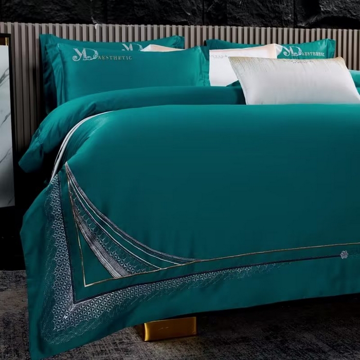 91家纺网 家纺一手货源 找家纺 U品汇 2023新品120支60S长绒棉宽边刺绣花贡缎纯棉全棉四件套 祖马龙-宾利蓝