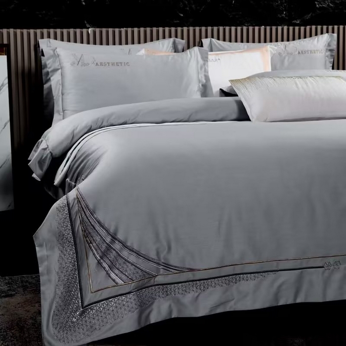 91家纺网 家纺一手货源 找家纺 U品汇 2023新品120支60S长绒棉宽边刺绣花贡缎纯棉全棉四件套 祖马龙-时尚灰