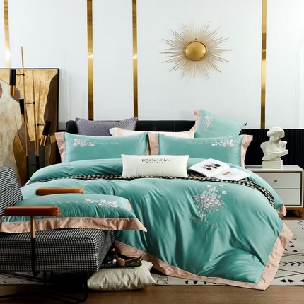 91家纺网 家纺一手货源 找家纺 U品汇 2023新品120支60S长绒棉宽边刺绣花贡缎纯棉全棉四件套 爱的城堡-松石绿