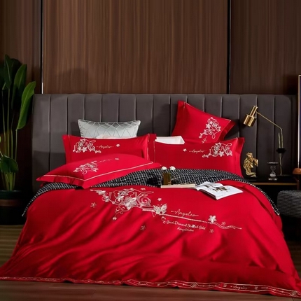 91家纺网 家纺一手货源 找家纺 U品汇 2023新品120支60S长绒棉宽边刺绣花贡缎纯棉全棉四件套 暗香-大红