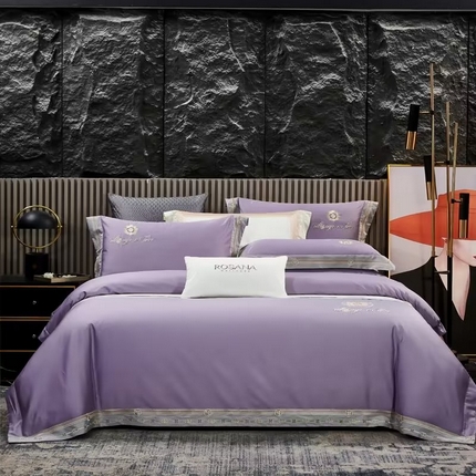 91家纺网 家纺一手货源 找家纺 U品汇 2023新品120支60S长绒棉宽边刺绣花贡缎纯棉全棉四件套 奢雅-薰衣紫