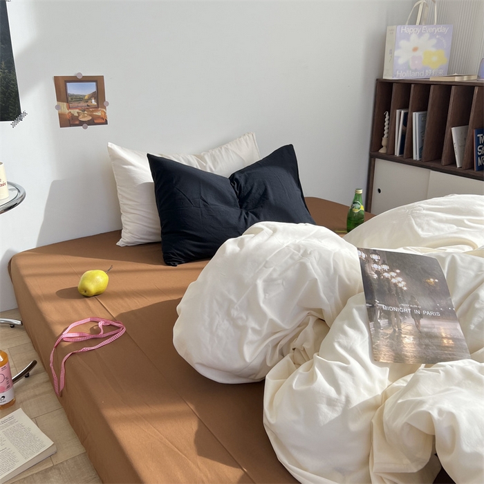 91家纺网 家纺一手货源 找家纺 六巷胡同 2023新款ins博主风三色混搭水洗棉四件套 象牙白栗子