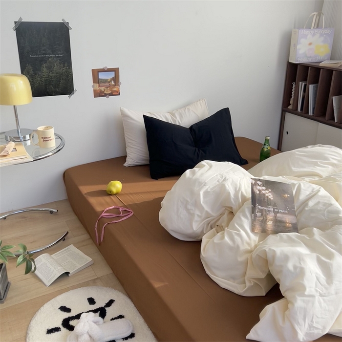 91家纺网 家纺一手货源 找家纺 六巷胡同 2023新款ins博主风三色混搭水洗棉四件套 象牙白栗子