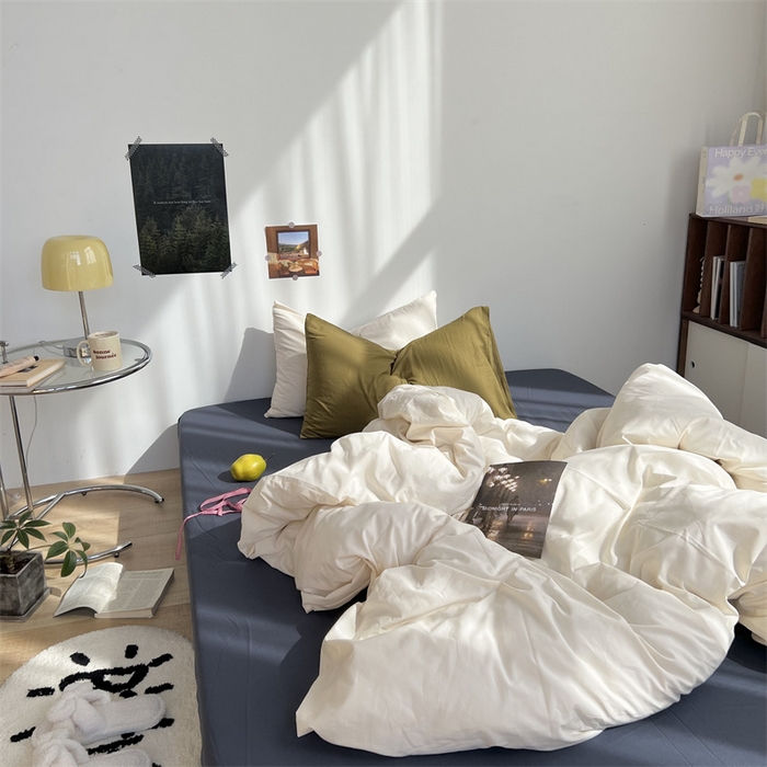 91家纺网 家纺一手货源 找家纺 六巷胡同 2023新款ins博主风三色混搭水洗棉四件套 象牙白藏青