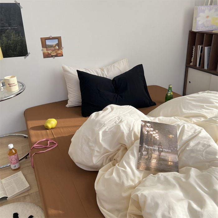 91家纺网 家纺一手货源 找家纺 六巷胡同 2023新款ins博主风三色混搭水洗棉四件套 象牙白栗子