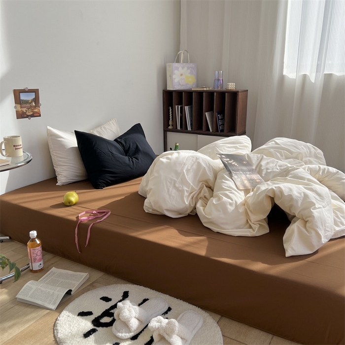 91家纺网 家纺一手货源 找家纺 六巷胡同 2023新款ins博主风三色混搭水洗棉四件套 象牙白栗子