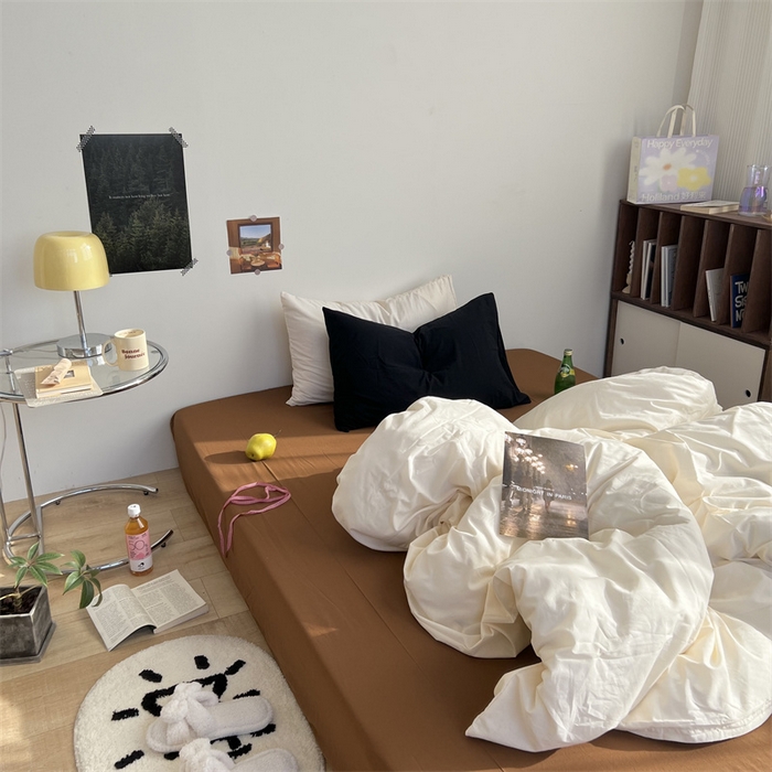 91家纺网 家纺一手货源 找家纺 六巷胡同 2023新款ins博主风三色混搭水洗棉四件套 象牙白栗子