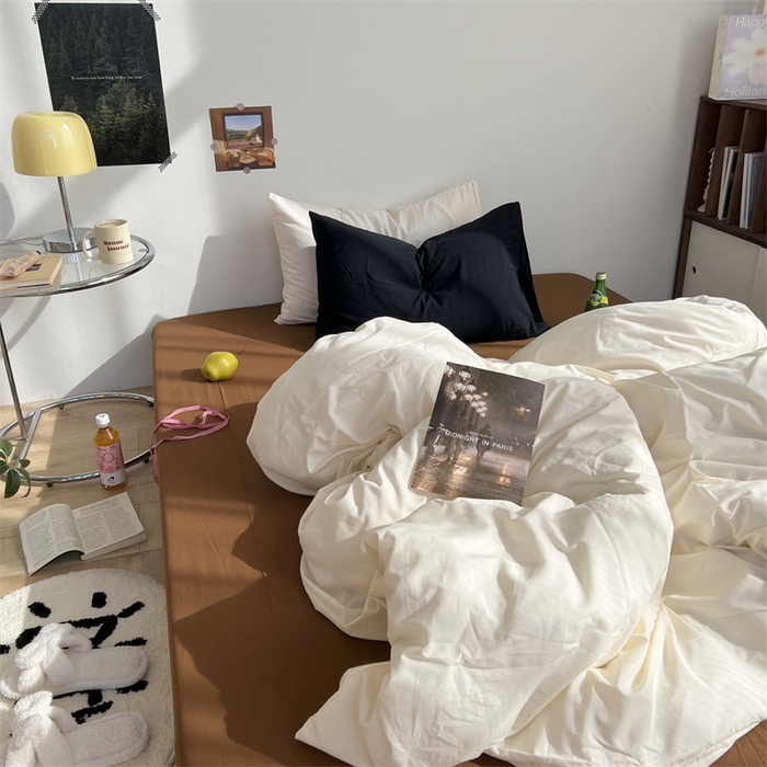 91家纺网 家纺一手货源 找家纺 六巷胡同 2023新款ins博主风三色混搭水洗棉四件套 象牙白栗子