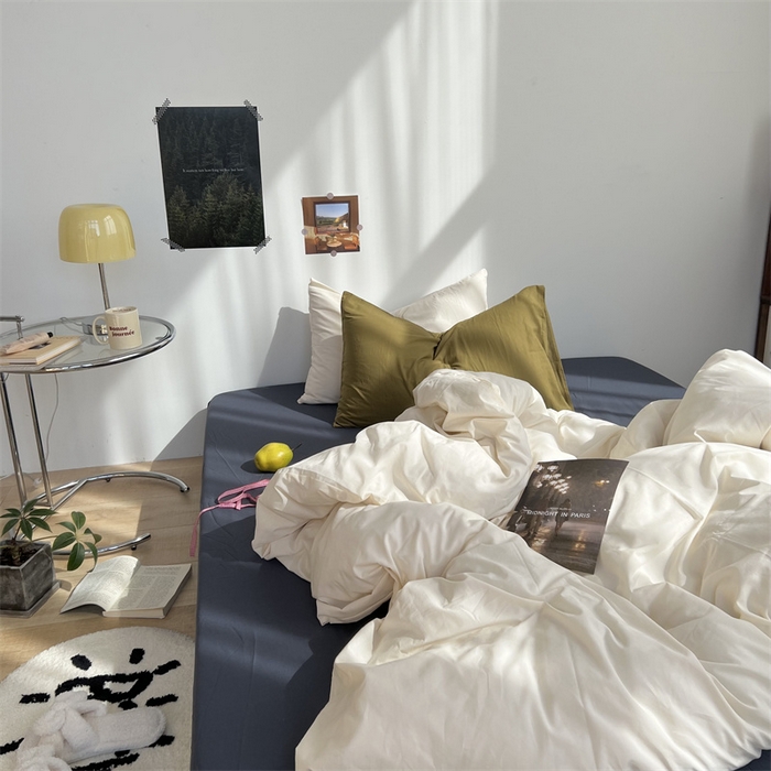 91家纺网 家纺一手货源 找家纺 六巷胡同 2023新款ins博主风三色混搭水洗棉四件套 象牙白藏青