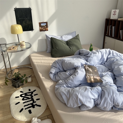 91家纺网 家纺一手货源 找家纺 六巷胡同 2023新款ins博主风三色混搭水洗棉四件套 奶蓝浅米咖